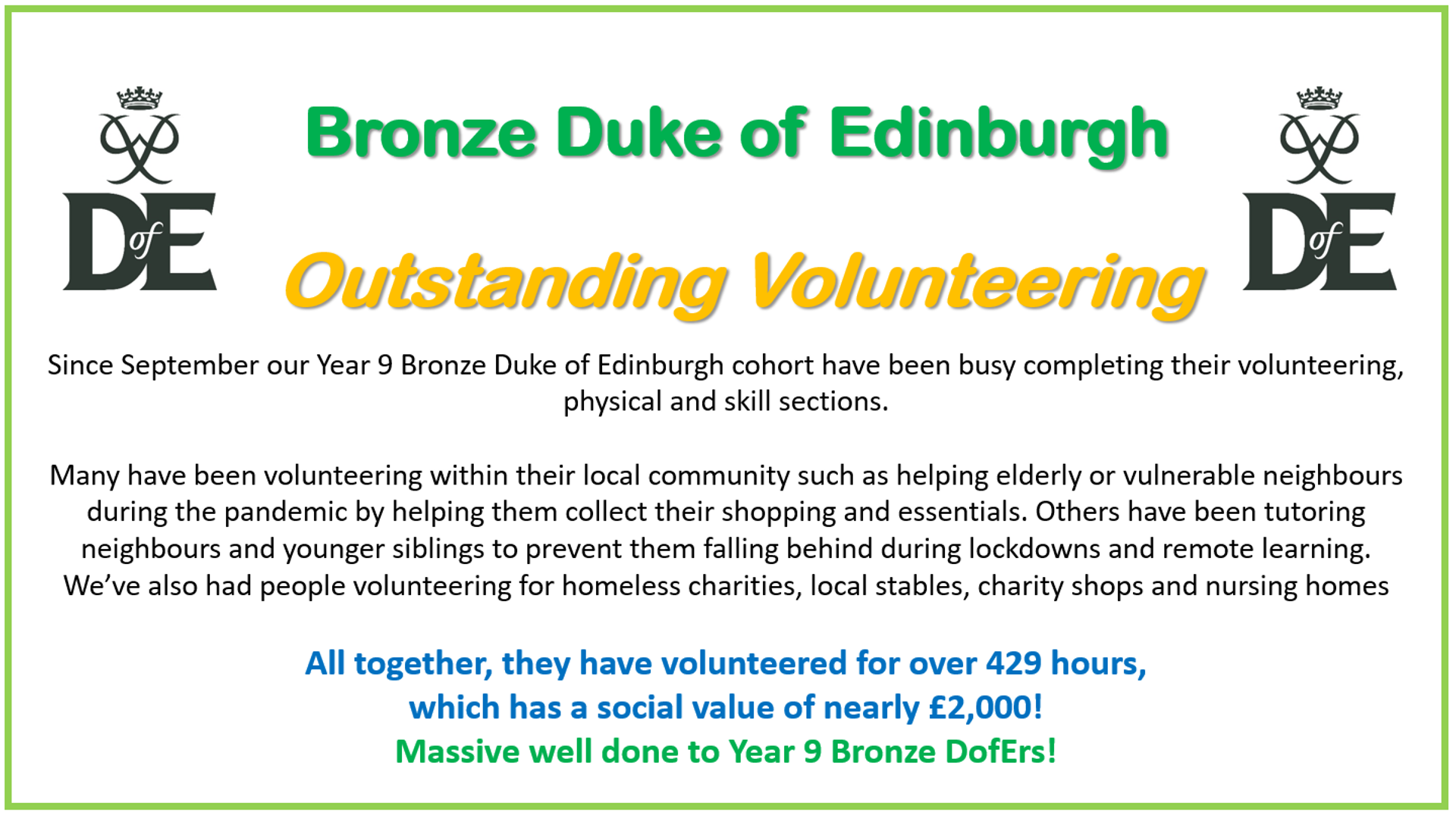 Bronze DofE Volunteering Hours