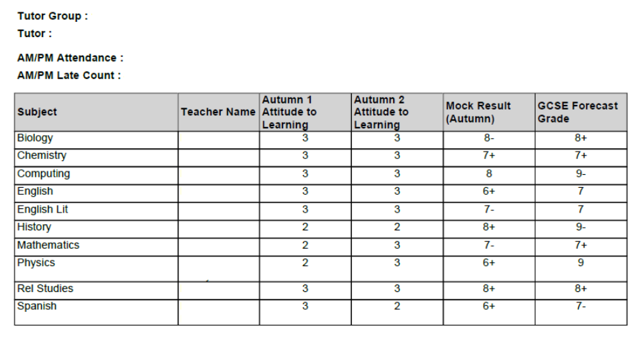 KS4 Tracking Report (Example)